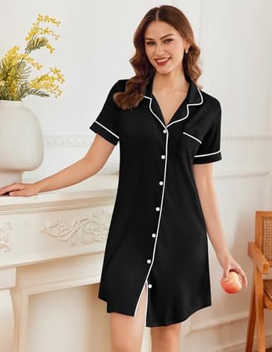 Ekouaer Nightgowns for Women Button Down Nightshirt Short Sleeve V Neck Nightdress Classic Boyfriend Sleepshirt Black S - Image 2