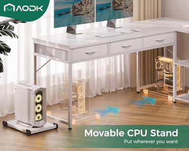 AODK 53 Inch L Shaped Computer Desk with Drawers, Corner Desk with Power Outlets & Reversible Storage Shelves, Movable CPU Stand for Home Office Gaming, White - Image 8