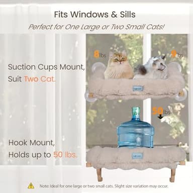 2-in-1 Cat Window Perch for Cats Inside, Fluffy Cushion Bed, Wooden Cat Window Seat, Suction Cups & Two Hooks, Fits Windowsills or Large Windows 24'' Wide and Above, for Large Cats or Kittens (Beige) - Image 3