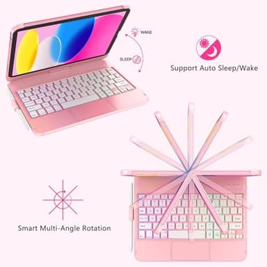 FUWANG Touch Keyboard Case for iPad (A16) 11th Generation 11 inch 2025&10th Gen 10.9 inch 2022, 360° Rotate for iPad 10th Generation Case with Keyboard, Backlit Keyboard Case with Pencil Holder, Pink - Image 8