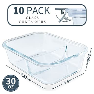 KOMUEE 10 Packs 30oz Glass Meal Prep Containers 2 Compartments,Glass Food Storage Containers with Lids,Airtight Lunch Bento Boxes,Microwave,Oven,Freezer and Dishwasher Safe - Image 2
