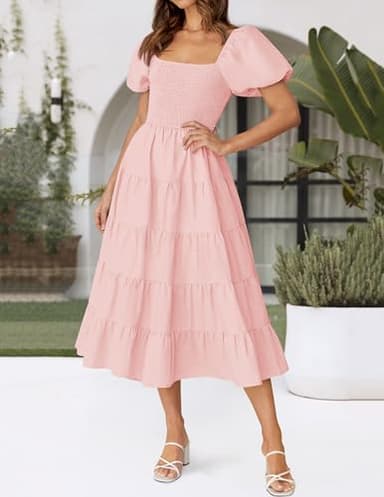 ZESICA Women's 2025 Summer Square Neck Short Puff Sleeve Solid Color High Waist Casual Smocked Flowy A Line Tiered Midi Dress,Pink,Medium - Image 3