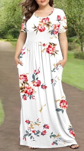 LONGYUAN Women's Short Sleeve Plus Size Swing Dress Maxi Long Wedding Dresses with Pockets Fl, 6XL Floral White - Image 5