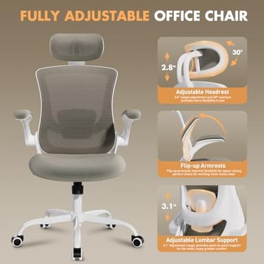 Ergonomic Office Chair with Adjustable Lumbar Support & Headrest, High Back Mesh Desk Chair with Flip-Up Armrests, Breathable & Comfortable Computer Chair for Home, Office & Study –Khaki - Image 6