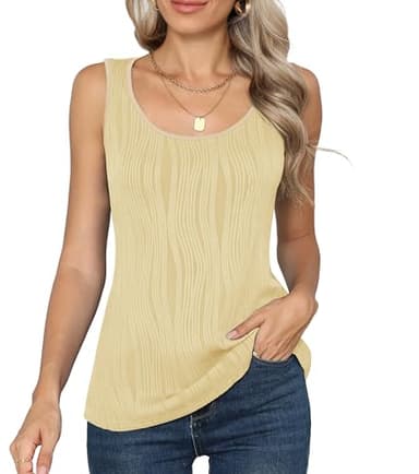 YuYukan Women's Summer Sleeveless Top Slim Fit Textured Stretch Scoop Neck Tank Tops Blouses for Casual Business Workr Light Khaki XX-Large - Image 1
