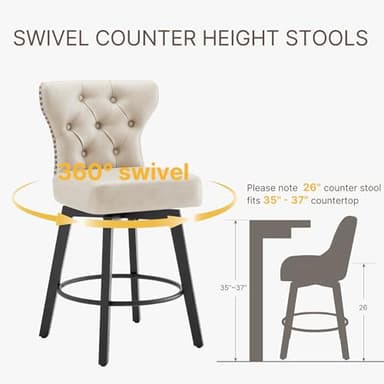 Counter Height Barstools 26 inch Upholstered Button Tufted Swivel Bar Stools with Back and Wood Legs for Kitchen Island,Set of 4,Beige-Nailhead Trim - Image 4