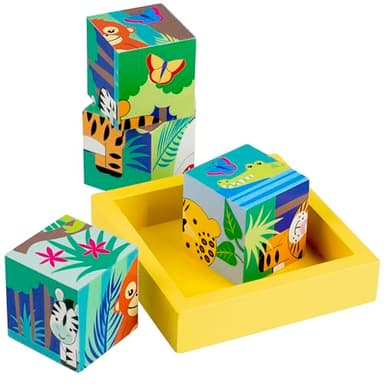 Orange Tree Toys: Jungle Animals - Four Blocks Puzzle - Hand Painted Colorful Wooden Toy, Chunky Animal Blocks, Educational, Toddlers & Kids, Ages 1+ - Image 1