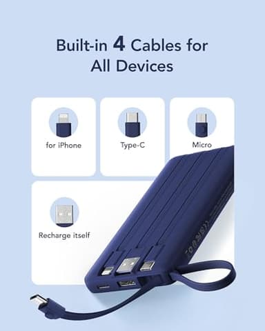 VRURC Portable Charger Power Bank, 10000mAh Travel Essentials, 5 Outputs 2 Inputs Slim Battery Pack Built-in Cables Cords Compatible with iPhone,Samsung,Android-Navy Blue(1 Pack) - Image 3