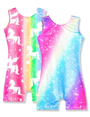 Nymphperi Girls Gymnastics Leottards Size 5-6 Years Old Shiny Unicorn Biketards Sparkle Soft Rainbow Blue Unitards for Children Party - Image 1