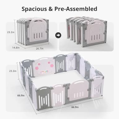 Uanlauo Baby Playpen, 18 Panel Foldable Play Yard for Toddlers, Easy Assemble Safety Baby Fence (Grey+White) - Image 2