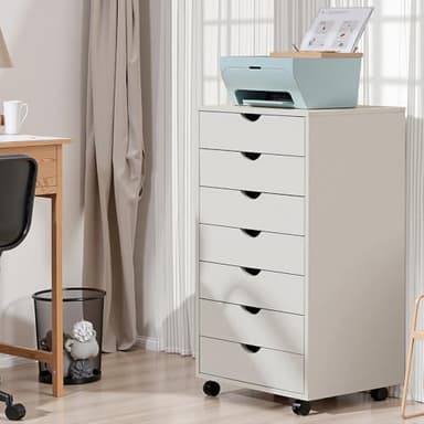 OLIXIS 7 Drawer Mobile File Cabinet Under Desk Storage Organization with Wheels Vertical Filing Chest Rolling Wood Small Desk Printer Stand for Home Office, 15.75"D x 18.74"W x 34.25"H, White - Image 8