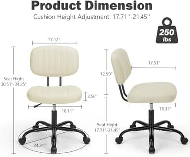 DUMOS Small Armless Home Desk Executive Chair with Low Back Lumbar Support, Height Adjustable PU Leather Computer Office Chair with 360° Swivel Wheels for Kids and Adults, Beige - Image 4