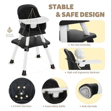 TODEFULL Baby High Chair, 8 in 1 Convertible Highchairs for Babies and Toddlers, Children Dining Booster Seat/Kids Building Block Table for Girls Boys, Baby Seat with Removable Tray, Black - Image 4
