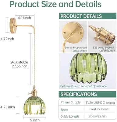 Battery Operated Wall Sconce with Green Tulip Shade Pattern Glass Adjustable Chain Retro Gold Wall Mounted Light, Modern Wall Lamp Fixtures Decor for Bedside Bedroom Indoor Doorway - Image 5