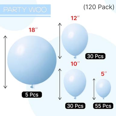 PartyWoo Pastel Blue Balloons, 120 pcs Pale Blue Balloons Different Sizes Pack of 18 Inch 12 Inch 10 Inch 5 Inch for Blue Balloon Garland or Arch as Birthday Decorations, Party Decorations, Blue-Q13 - Image 2