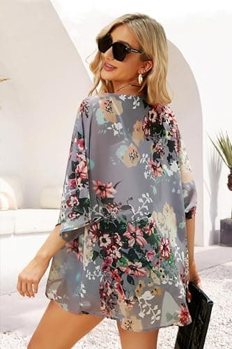 Women's Floral Print Puff Sleeve Kimono Cardigan Loose Cover Up Casual Blouse Tops (Dark Grey, S) - Image 7