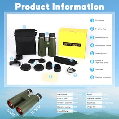 OPTIVORA 16x53 Binoculars for Adults High Powered with BAK4 Lens Can be Used as Binoculars for Bird Watching,Stargazing or Hunting.Package Also Includes Smartphone Adapter and Compass, etc - Image 6