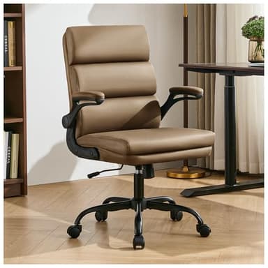 Office Chair Adjustable Desk Chair Mid Back Executive Comfortable Bonded Leather Ergonomic Back Support Home Computer Chairs with Padded Flip-up Armrest Swivel Wheels (Tan) - Image 1