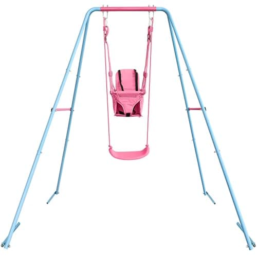 2-in-1 Toddler Swing Set with Metal Stand, Safety Belt & 4 Anchors - A-Frame Swing for Kids 6 Months+ (Pink, Indoor/Outdoor Backyard Playground) - Image 1