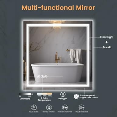 SOGOLINE 38x38 Inch LED Bathroom Mirror, Front and Backlit, Shatter-Proof Tempered Glass, Anti-Fog, 3 Colors, Dimmable, Memory, ETL Listed, Plug-in/Hardwired, Horizontal/Vertical Wall Mount - Image 6
