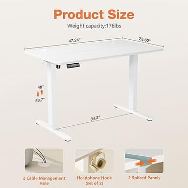Sweetcrispy Electric Standing Desk Adjustable Height, 48x24 Inch Sit Stand Up Home Office Desks Computer Workstation PC Work Table with 3 Memory Preset Splice Wood Board Metal Frame, White - Image 3