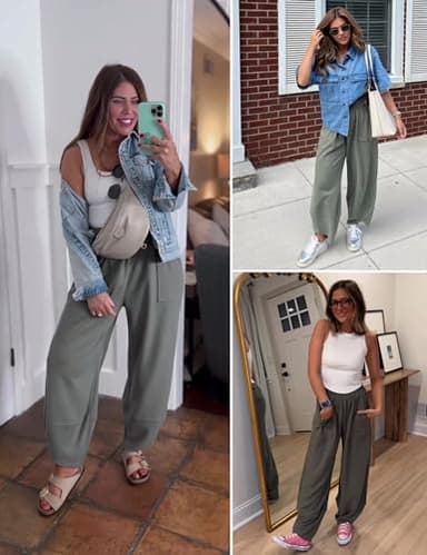 Xiaoxuemeng Womens Baggy Wide Leg Pants Casual Elastic Waisted Palazzo Harem Pants with Pockets (Green-L) - Image 3