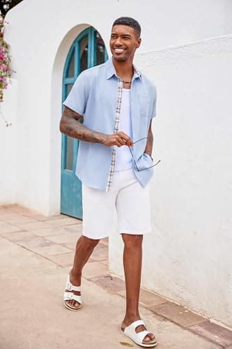 COOFANDY Mens Summer Shirt Short Sleeve Button Down Shirts Beach Weeding Outfit Clear Blue - Image 4