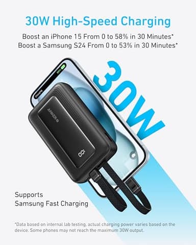 Anker Zolo Power Bank, 10,000mAh 30W Max Fast Portable Charger with Built-in USB-C and MFi Certified Lightning Cables, USB-C&A, Battery Pack for iPhone 16/15 Series, MacBook, Galaxy (Black) - Image 3