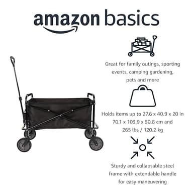 Amazon Basics Collapsible Folding Heavy Duty Utility Wagon for Outdoor Sports, 265 pounds Weight Capacity, Camping, Garden, and Shopping, 27.6 x 40.9 x 20 inches, Black - Image 2