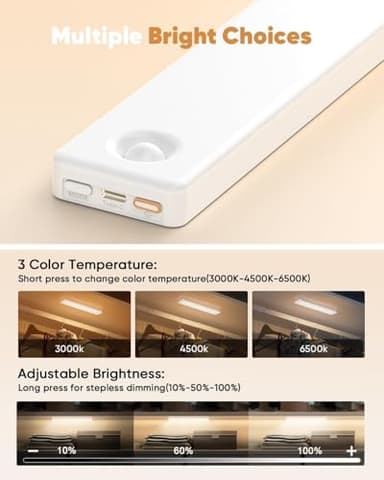 Under Cabinet Lighting,3 Color Temperatures Motion Sensor Light Indoor 2 Pack, USB Rechargeable Battery Operated Closet Lights, Wireless Dimmable LED Cabinet Lights, Under Counter Light for Kitchen - Image 3
