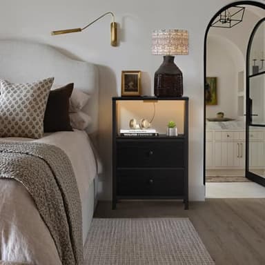 BOLUO Black Nightstand with Charging Station, LED Night Stand with 2 Fabric Drawers, Bedside Table with USB Ports and Outlets, Nightstand for Bedroom Modern - Image 2