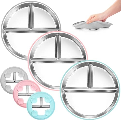 Bella's Friends Stainless Steel Baby Plates with Suction 3 Pack, 9” Divided Toddler Plates with Removable Silicone Sleeves for Mess-Free Feeding, Non-Toxic, Non-Slip, Dishwasher Safe, Gray,Green,Pink - Image 1