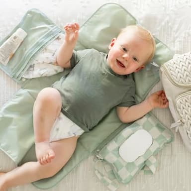 Tiny Twinkle Portable Diaper Changing Pad-Foldable Waterproof Changing Mat&Portable Changing Pad for Travel,Baby Changing Station with Smart Wipes Pocket&Storage (Sage Checkers) - Image 2