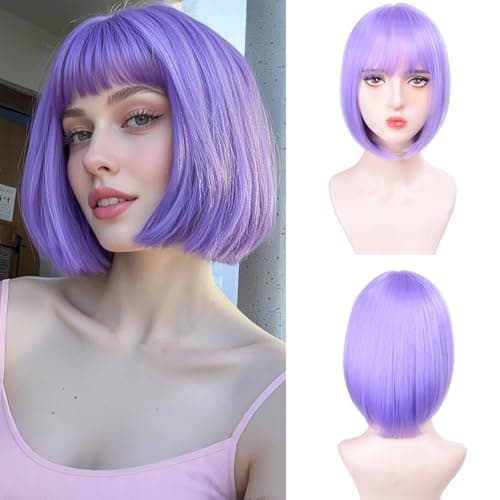 T-color Purple Bob Wigs for White Women - 12'' Short Bob Wigs With Bangs Natural Fashion Synthetic Wig Colorful Synthetic Hair for Daily Cosplay Halloween - Image 1