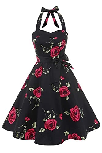 Topdress Women's Vintage Polka Audrey Dress 1950s Halter Retro Cocktail Dress Black/Fuchisa Rose S - Image 1