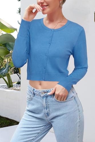 Newshows Cardigan Sweaters for Women 2025 Fashion Spring Summer Business Dressy Blue Crew Neck Button Down Open Front Knit Bolero Shrug Sweater(Blue02, Small) - Image 2
