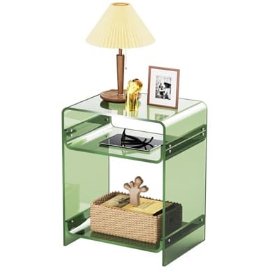 Acrylic End Table Record Player Table with Storage Shelf Clear Side Table Nightstand (15.7x19.7x11.8) (Green) - Image 1