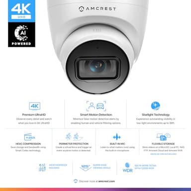Amcrest UltraHD 4K (8MP) Outdoor Security IP Turret PoE Camera, 3840x2160, 98ft NightVision, 125° FOV, IP67 Weatherproof, MicroSD Recording (256GB), IP8M-T2599EW-AI-V3 (White) - Image 2