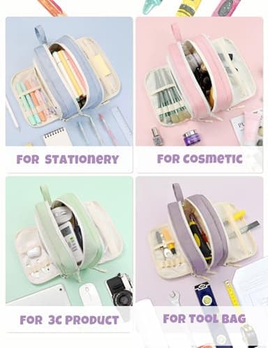 SUNEE Cute Pencil Case, Aesthetic Pen Pouch with 3 Compartments, Kawaii Colored Large Pencil Bag with Zipper, Stationery Storage and Organizer, Purple School Supplies for Teen and Adult Girls - Image 5