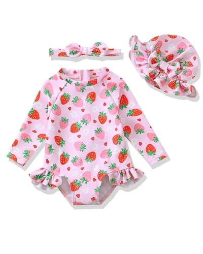 Baby Swimsuit Girl 3-6 Months Infant Girls One-Piece Swimsuits Ruffle Pink Strawberry Long Sleeve Newborn Bathing Suit with Hat Cute Rash Guard Baby Beach Essentials Swimwear - Image 1