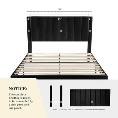 Allewie Queen Bed Frame/Velvet Upholstered Bed Frame with Vertical Channel Tufted Headboard/Strong Wooden Slats/Platform Bed Frame/Mattress Foundation/Box Spring Optional/Easy Assembly/Black - Image 4