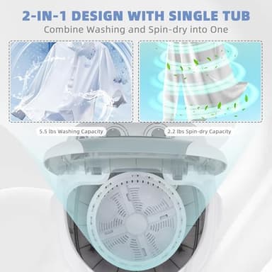 Elevon QD-MINIPWM-GY-1G Portable Mini Washing Machine with Spin Dryer 5.5 lbs Washers, Rotary Timer Controller, Compact Laundry for Home, Apartment, RV, White/Gray - Image 5