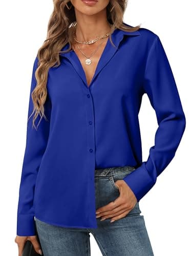 Blue Shirts for Women Button Up Dress Shirt Long Sleeve V-Neck Lightweight Blouses Womens Summer Office Elegant Blouse Ladies Trendy Fall Clothes Acid Blue Size L - Image 3