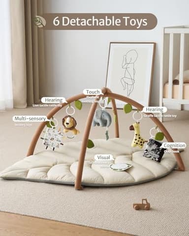 Blissful Diary Baby Play Gym & Activity Mat, Leaf Shaped Baby Tummy Time Play Mat with 6 Detachable Toys, Promotes Motor Skills & Sensory Development, Newborn Baby Essentials Gift, Oatmeal Beige - Image 3