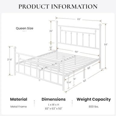 SHA CERLIN 14'' Queen Size Metal Platform Bed Frame/Victorian Headboard and Footboard/Steel Slats Mattress Foundation for Storage/No Box Spring Needed/Noise Free/White - Image 2