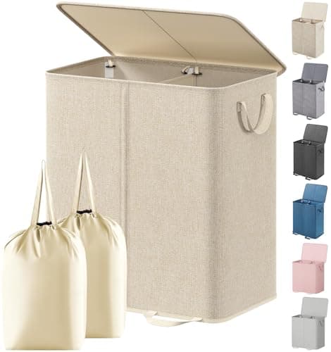 Lifewit Double Laundry Hamper with Lid and Removable Laundry Bags, Large Collapsible 2 Dividers Dirty Clothes Basket with Handles for Bedroom, Laundry Room, Closet, Bathroom, College, 136L Beige - Image 1