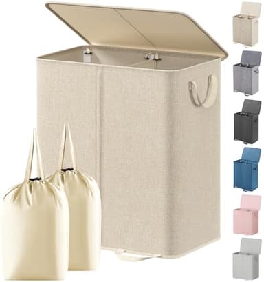 Lifewit Double Laundry Hamper with Lid and Removable Laundry Bags, Large Collapsible 2 Dividers Dirty Clothes Basket with Handles for Bedroom, Laundry Room, Closet, Bathroom, College, 136L Beige - Image 1