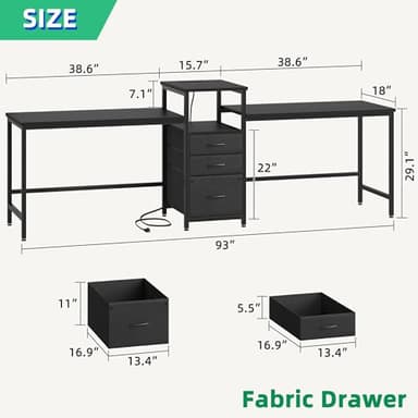 GYIIYUO 93'' Two Person Desk with Charging Station, Long Desk with 3 Drawers and Printer Shelf, Double Computer Desk, Fabric Drawers, 2 Person Writing Study Table Workstation for Home Office, Black - Image 2
