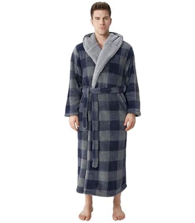 DAVID ARCHY Mens Robe with Hood, Soft Cotton Fleece Hooded Mens Bathrobe(L, Blue Grey Check) - Image 1