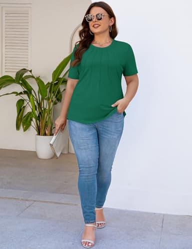Kistore Women's Fashion Tops Plus Size Summer Round Neck Short Sleeve Shirts Pleated Loose Work Blouses Green 4XL - Image 5